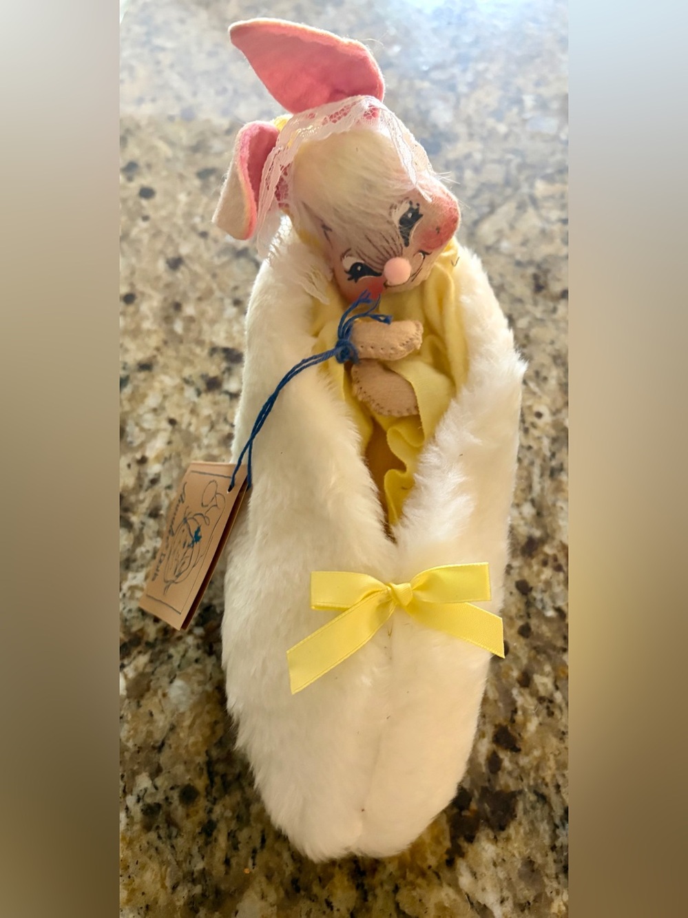 Annalee White Plush Slipper with Yellow Ribbon and Pink-Faced Doll